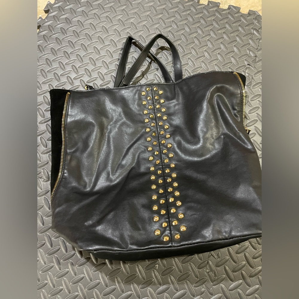 Zara black plastic leather bag with golden studs large with shoulder strap